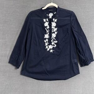 Banana Republic Top M Navy Blue Embroidered Floral Boho Sheer Coastal Nautical